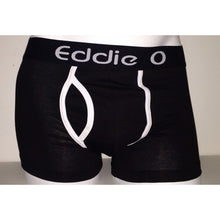 Load image into Gallery viewer, Black eddie O hip Y Trunks with white piping black waist band with eddie O single logo