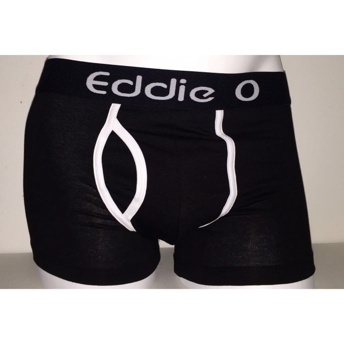 Black eddie O hip Y Trunks with white piping black waist band with eddie O single logo
