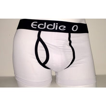 Load image into Gallery viewer, white eddie O hip Y Trunk with black piping, black waist band with eddie O single logo