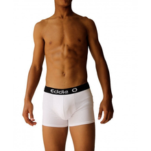 Load image into Gallery viewer, white eddie O Boxers black waist band with eddie O single logo