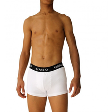 Load image into Gallery viewer, white eddie O Boxers black waist band with eddie O six logo