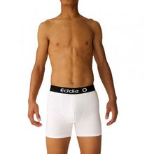 Load image into Gallery viewer, white eddie O Button fly Boxers black waist band with eddie O single logo